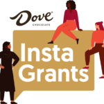 Image is of three diverse female cartoons sitting on a chat bubble that says "Insta Grants" with the Dove logo